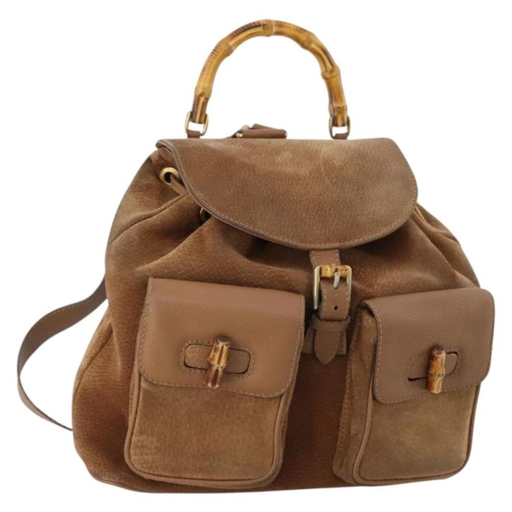 Gucci Vintage Bamboo Backpack Suede And Leather Brown Suede Backpack Bag - Picture 15 of 16